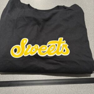 Sweets" Yellow Cursive Logo Black Tee